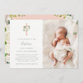 ピンクの十字架と白い花 | フォト ガール 洗礼 招待状 (正面/裏面)