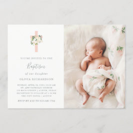 ピンクの十字架と白い花 | フォト ガール 洗礼 招待状