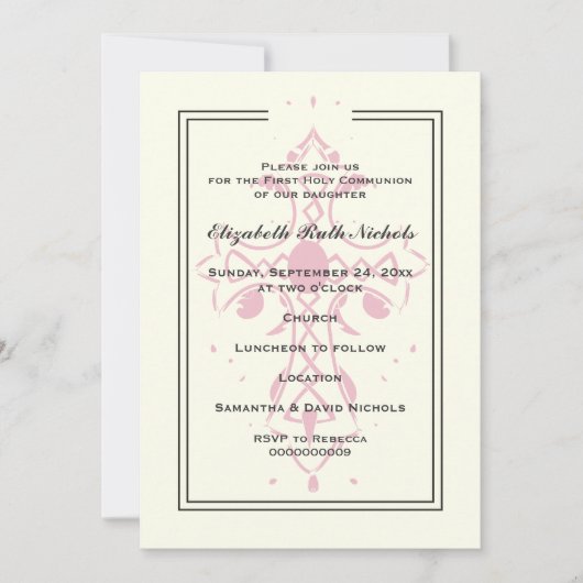 ピンクの十字架 ファーストコミュニオン 洗礼 確認の儀 招待状 (正面)
