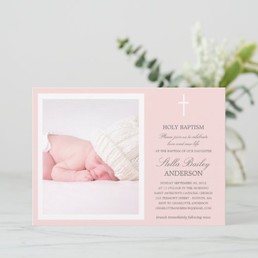 ピンクの十字%PIPE%の洗礼の招待状 招待状 (スタンド正面)