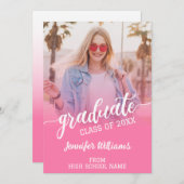 ピンクの卒業写真が卒業発表 招待状 (正面/裏面)