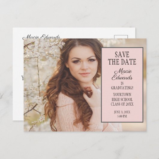 ピンクの卒業写真はがきを保存 ポストカード (正面/裏面)