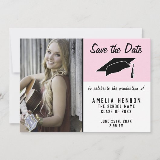 ピンクの卒業写真を保存 案内状 (正面)