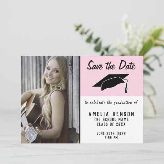 ピンクの卒業写真を保存 案内状 (スタンド正面)