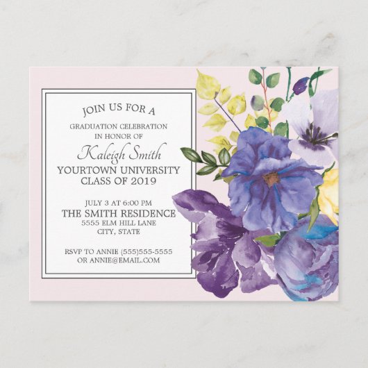 ピンクの卒業式パーティーの紫色の水彩フローラ ポストカード (正面)