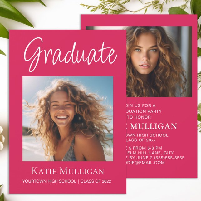 ピンクの卒業式用 2枚の写真入り 卒業パーティー  (Hot pink 2-photo graduation party invitation)