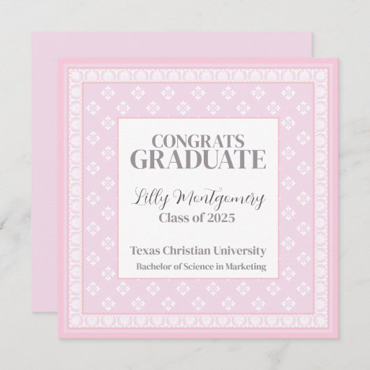 ピンクの卒業発表スクエア 招待状 (正面/裏面)
