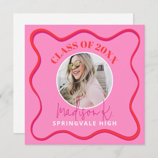 ピンクの卒業発表フォトカード 案内状 (正面/裏面)
