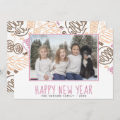 ピンクの単線図形パターン写真新年 シーズンカード (正面/裏面)