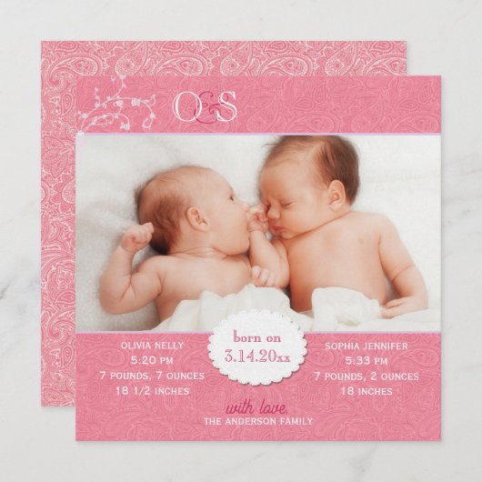 ピンクの双子の少女の写真誕生のお知らせ 案内状 (正面/裏面)