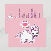 ピンクの口ひげユニコーンバースデーパーティ招待状 招待状 (正面/裏面)