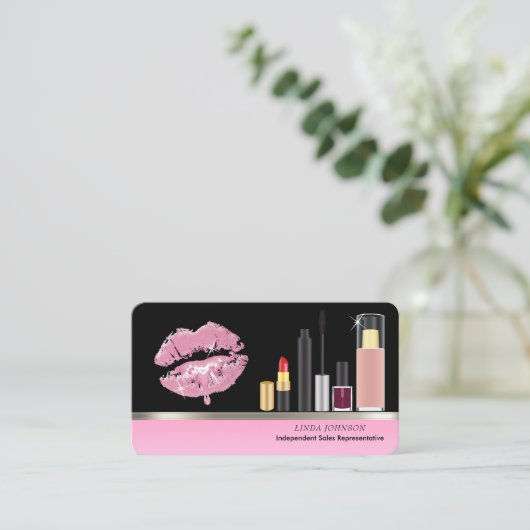ピンクの口紅と化粧 名刺 (スタンド正面)