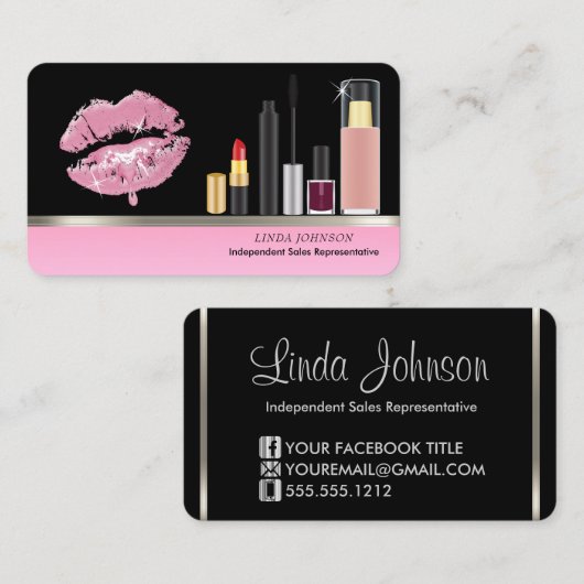 ピンクの口紅と化粧 名刺 (正面/裏面)