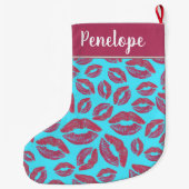 ピンクの口紅キスパターン ラージクリスマスストッキング (裏面)