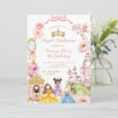 ピンクの可愛いお姫様ドレスアップ プリンセスキングダムの誕生日 招待状 (スタンド正面)