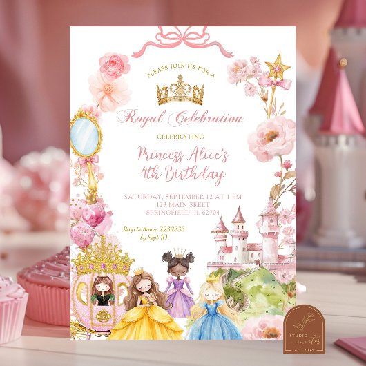 ピンクの可愛いお姫様ドレスアップ プリンセスキングダムの誕生日 招待状