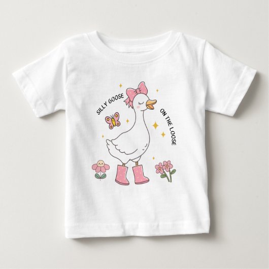 ピンクの可愛いお馬鹿なガチョウが逃げ出した  ベビーTシャツ (正面)