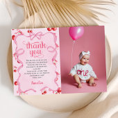 ピンクの可愛いさくらちゃんの誕生日写真感謝カード サンキューカード