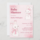 ピンクの可愛いウサギのベイビーシャワー 招待状 (正面)