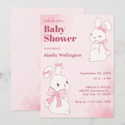 ピンクの可愛いウサギのベイビーシャワー 招待状 (正面/裏面)