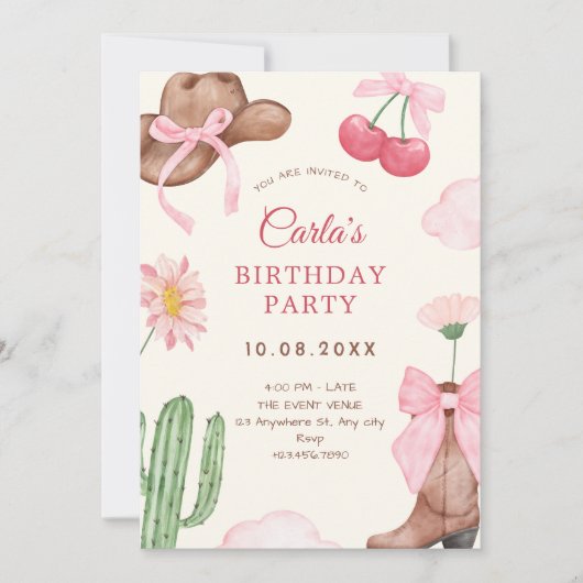 ピンクの可愛いカウボーイの弓の誕生日 招待状 (正面)