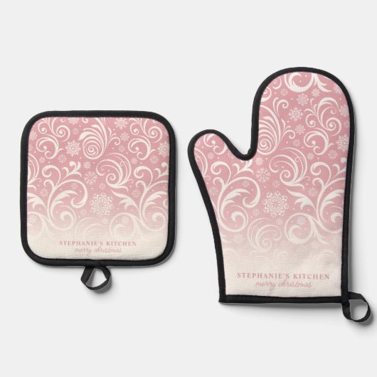 ピンクの可愛いクリスマスに雪のカスタム結晶が渦巻く 鍋つかみ&鍋敷きセット (正面)