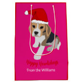 ピンクの可愛いクリスマスの子犬サンタ帽子ビーグル犬 ミディアムペーパーバッグ (裏面)