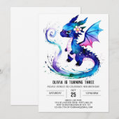 ピンクの可愛いドラゴン デジタル ガール バースデー 招待状 (正面/裏面)