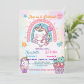 ピンクの可愛いユニコーン恐竜 レインボー誕生日パーティー 招待状 (スタンド正面)