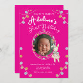 ピンクの可愛い子供の誕生日 招待状 (正面/裏面)