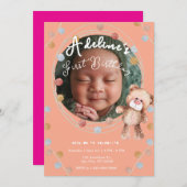 ピンクの可愛い子供の誕生日 招待状 (正面/裏面)