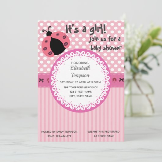 ピンクの可愛い漫画のラディバグの赤ちゃんシャワー 招待状 (スタンド正面)