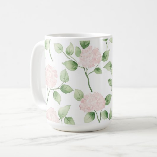 ピンクの可愛い花と緑の葉 コーヒーマグカップ (正面左)