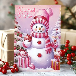 ピンクの可愛い雪だるまのWarmest Wishes シーズンカード