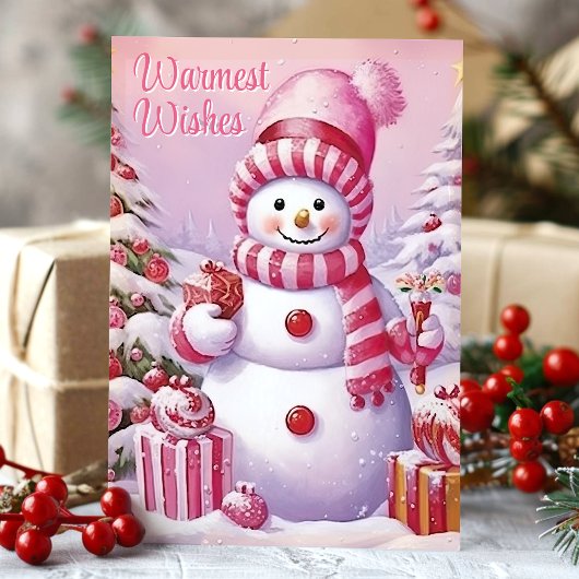 ピンクの可愛い雪だるまのWarmest Wishes シーズンカード