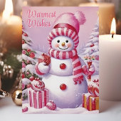 ピンクの可愛い雪だるまのWarmest Wishes シーズンカード
