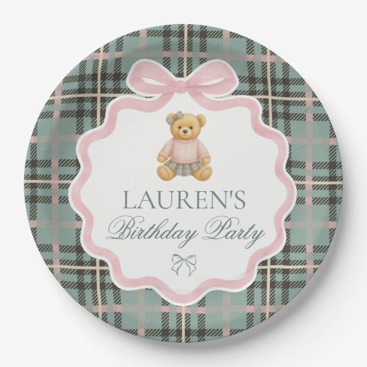 ピンクの可愛らしいリボンのクマのチェックの誕生日  ペーパープレート (正面)