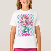 ピンクの名前パターンの人魚ブロック Tシャツ (正面)