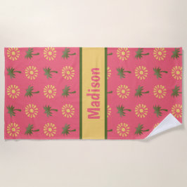 ピンクの名前入りのかわいいヤシの木及び太陽、 ビーチタオル