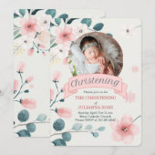 ピンクの命名式に最適なベビーガール ピーチブロッサム 招待状 (正面/裏面)