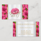 ピンクの唇および花を持つメーキャップアーティスト 名刺 (正面/裏面)