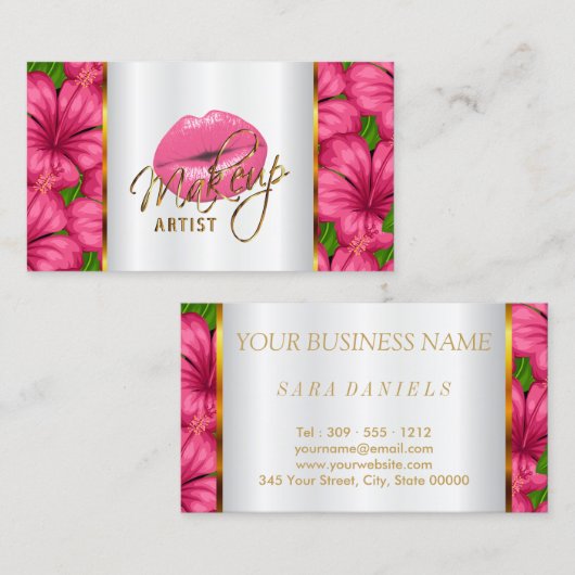 ピンクの唇および花を持つメーキャップアーティスト 名刺 (正面/裏面)