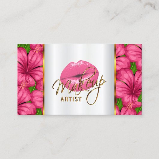 ピンクの唇および花を持つメーキャップアーティスト 名刺 (正面)