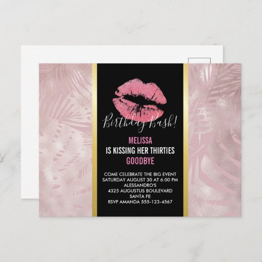 ピンクの唇とローズゴールドのトロピカルリーフの誕生日 ポストカード (正面/裏面)