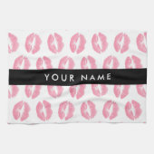 ピンクの唇，キス，口紅，あなたの名前，パーソナライズ キッチンタオル (横)