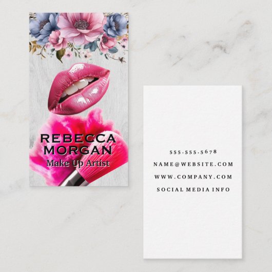 ピンクの唇 | メイクアップブラシとパウダー 名刺 (正面/裏面)