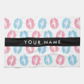 ピンクの唇、青の唇、キス、名前、パーソナライズ キッチンタオル (横)