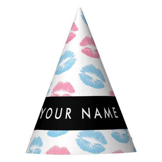 ピンクの唇、青の唇、キス、名前、パーソナライズ パーティーハット (正面)