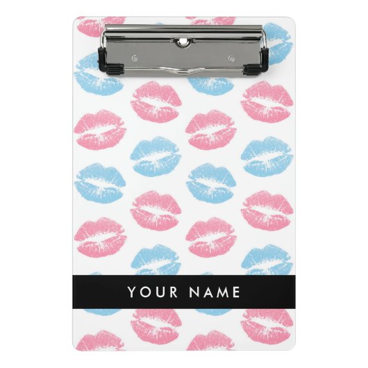 ピンクの唇、青の唇、キス、名前、パーソナライズ ミニクリップボード (正面)