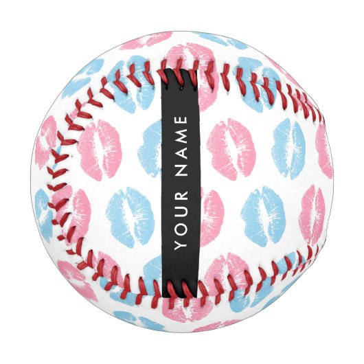 ピンクの唇、青の唇、キス、名前、パーソナライズ 野球ボール (正面左)